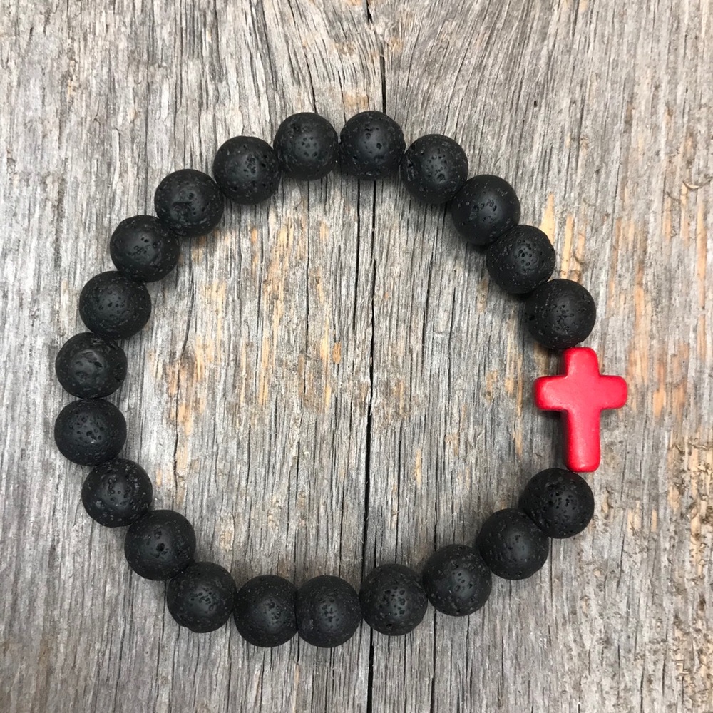Black Lava Bead Red Christian Cross Bracelet